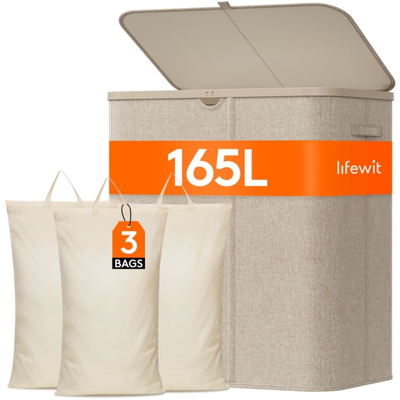 Lifewit 165L 3 Section Laundry Hamper with Lid, Large Laundry Basket with Handles and Removable Bags, Tall Clothes Hamper, Foldable Laundry Sorter for Bedroom Bathroom, Beige