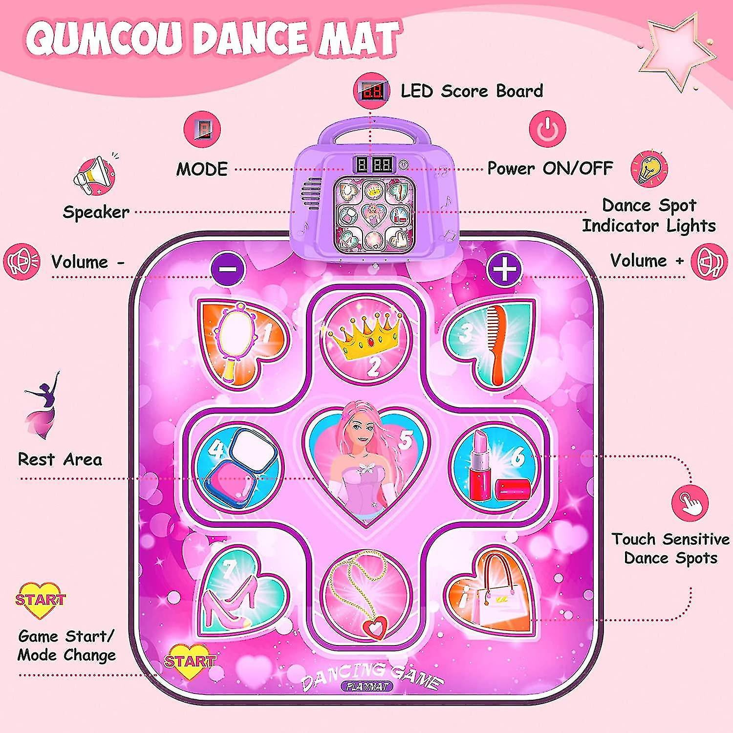 Alfombra De Baile Musical Con Bluetooth Hot Bee – 6 Flechas Con Luz LED, 5 Modos De Juego, Regalo Para Niñas De 3 A 12 Años, Material PEVA Antideslizante
