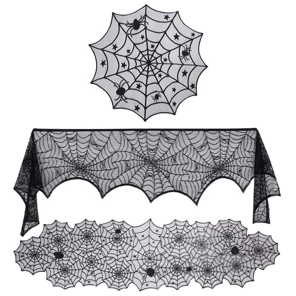 CQHVKQ 3PCS Halloween Decorations Set, Lace Tablecloths, Table Covers & Fireplace Spider Web, Halloween Black Tablecloths & Runner Combo, Black Spider Web Table Decoration for Halloween Party