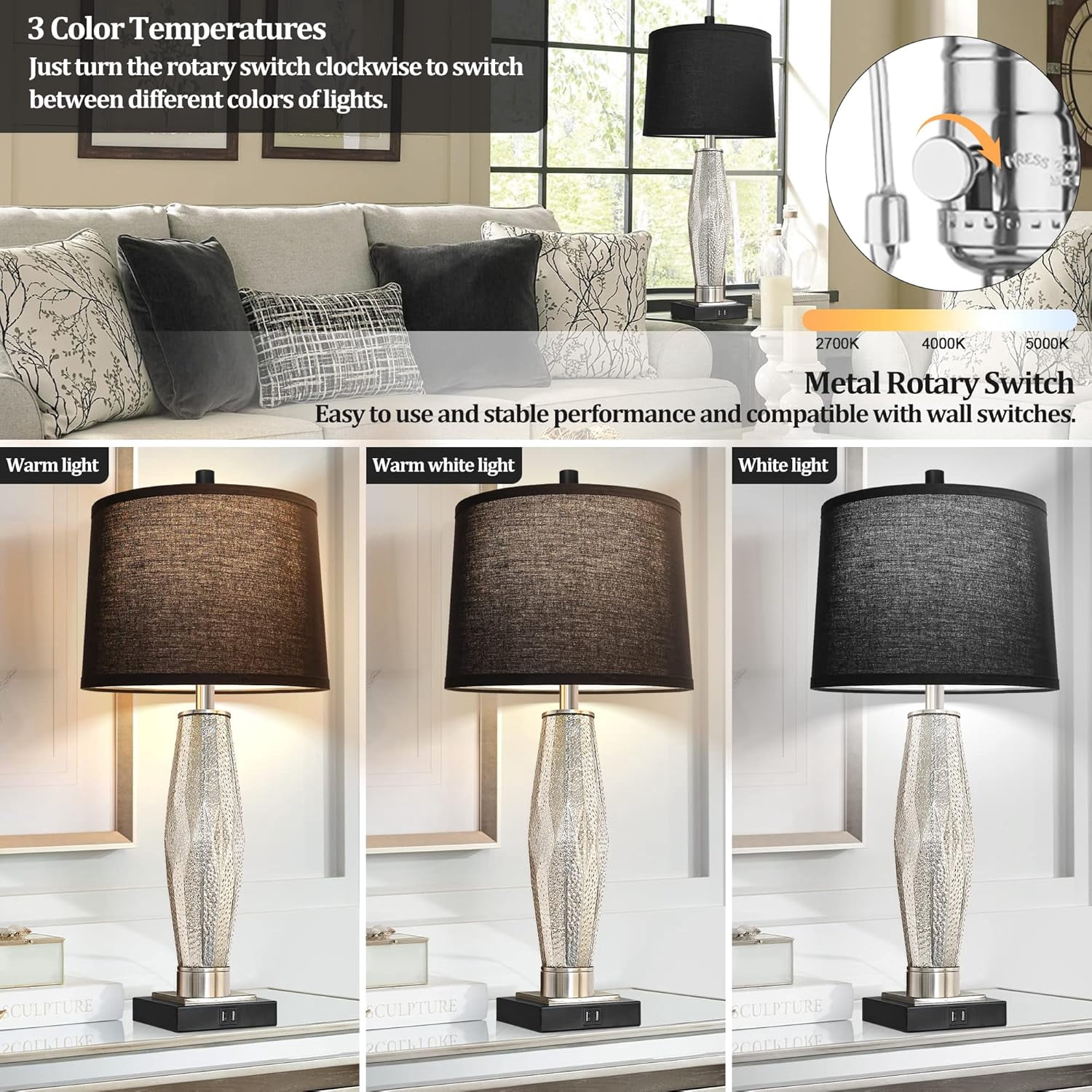 Miniyam Table Lamps Set of 2, Bedroom Lamp with USB A+C Charging Ports, Modern Glass Rotary Switches Beside Lamps (LED Bulbs Included)