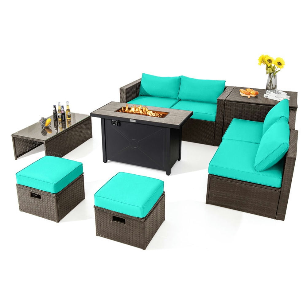 GVN Outdoor Furniture Sets, Outdoor Conversation Set,9 Pieces Outdoor Patio Furniture Set with 42 Inch Propane Fire Pit Table-Turquoise GVN Outdoor Furniture Sets, Outdoor Conversation Set,9 Pieces Outdoor Patio Furniture Set with 42 Inch Propane Fire Pit Table-Turquoise
