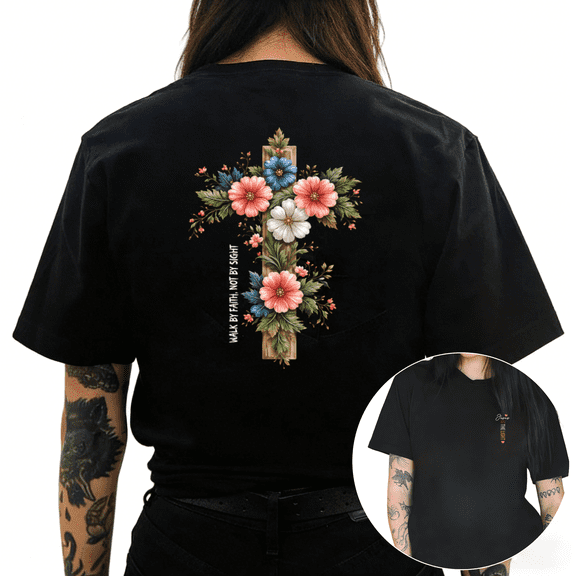 Cozymy Women's Walk by Faith Not by Sight Floral Cross Inspirational Christian Graphic Short Sleeve Crew Neck T-Shirt