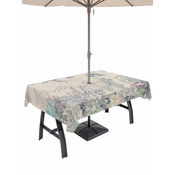 Outdoor Tablecloth with Umbrella Hole for Patio/Picnic/Party/Camping, Turtle Coastal Waterproof Table Cloth Rectangle Table Cover Washable, Nautical Summer Beach Coral Jellyfish Rustic (60"x 84")