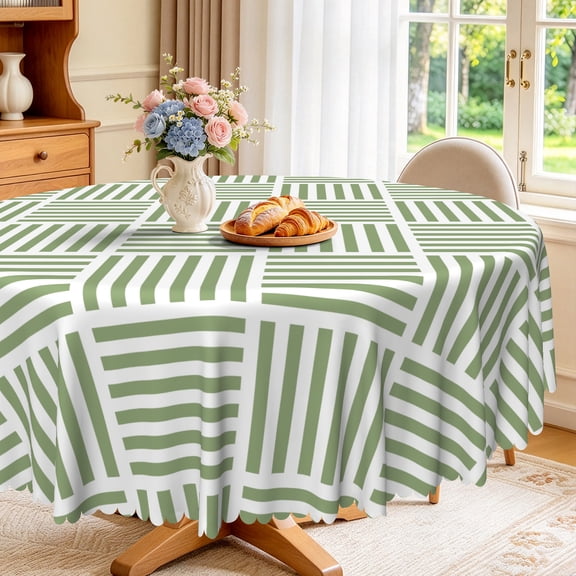 Nanqianyi Olive Green Stripe Round Tablecloth 60 inch Waterproof & Oil Perfect For Indoor Kitchen, Outdoor Picnic Decor