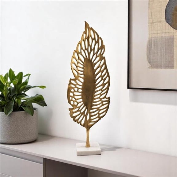 HomeRoots 628149 28 in. Gold & White Aluminum & Marble Leaf Tabletop Sculpture