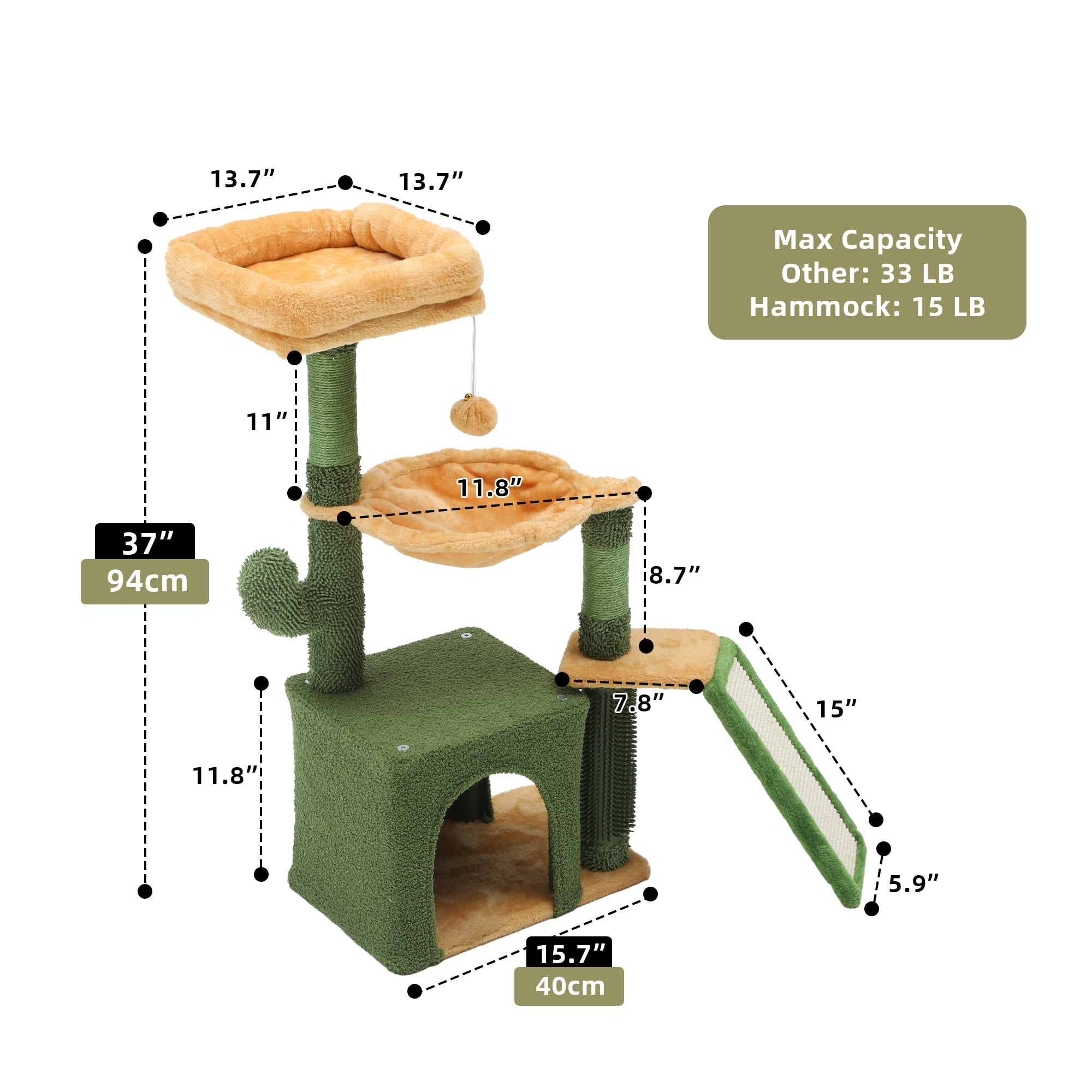 Uforic 37" Cactus Cat Tree Condo, Cat Climbing Tower, with sisal Scratching Post, Plush Platform, Hammock for Indoor Cats, Green