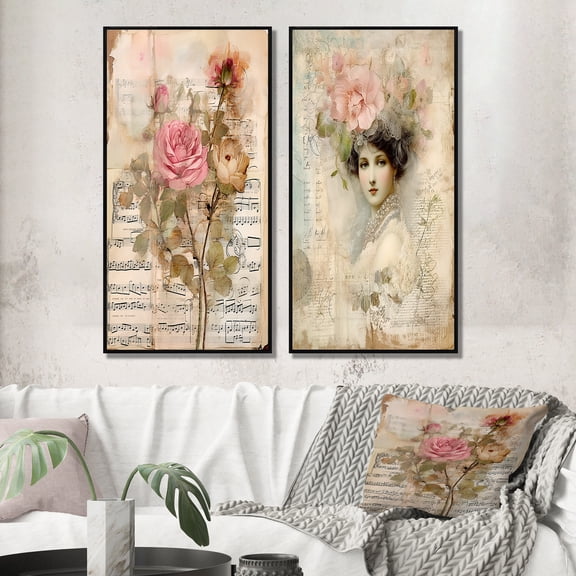Designart "Victorian Lady Amid Rustic Pink Roses" Rose Framed Wall Art Set Of 2 - Traditional Pink Framed Canvas Set For Living Room Decor