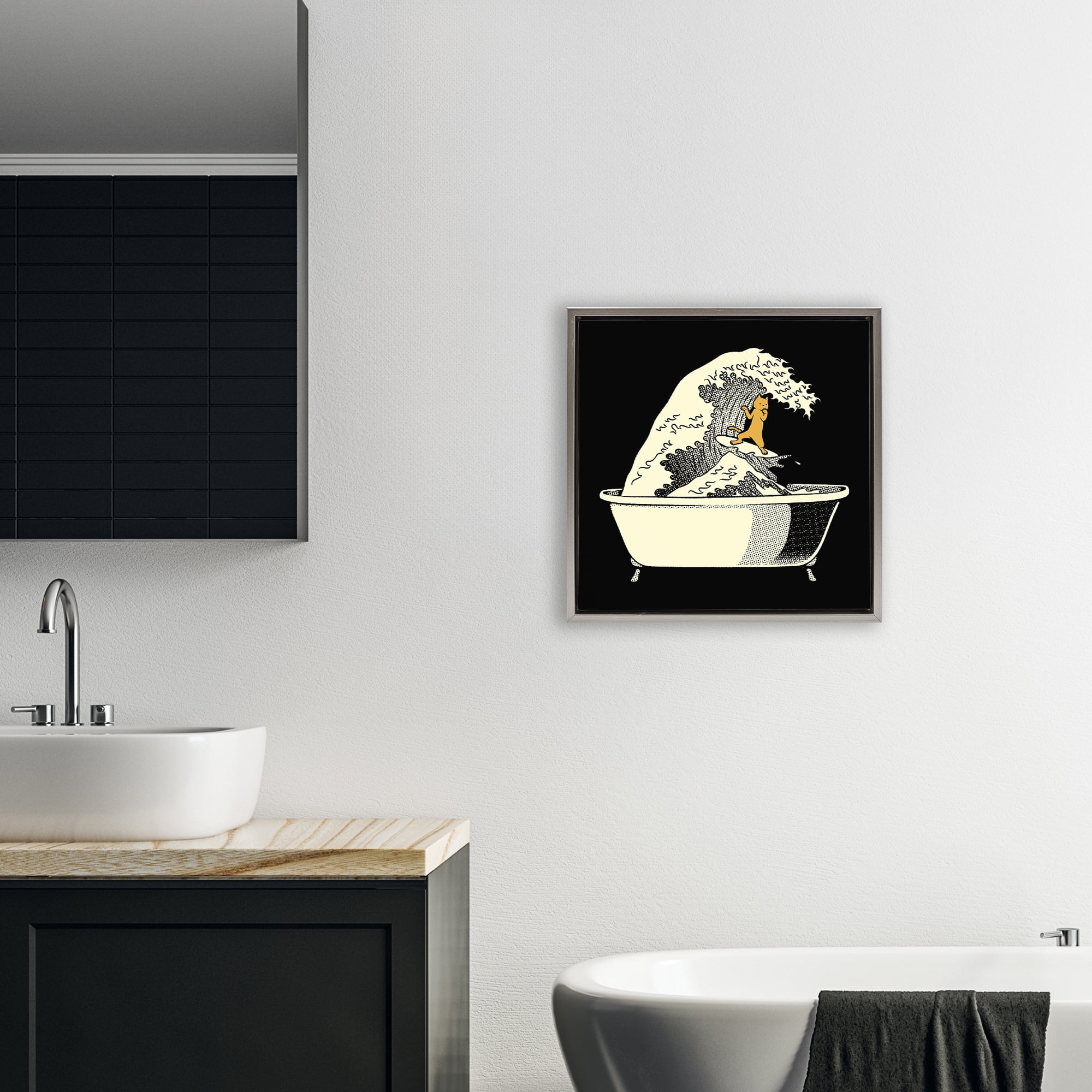 Stupell Industries Kanagawa Bathtub Cat Gray Framed Floater Canvas Wall Art, design by Tobe Fonseca
