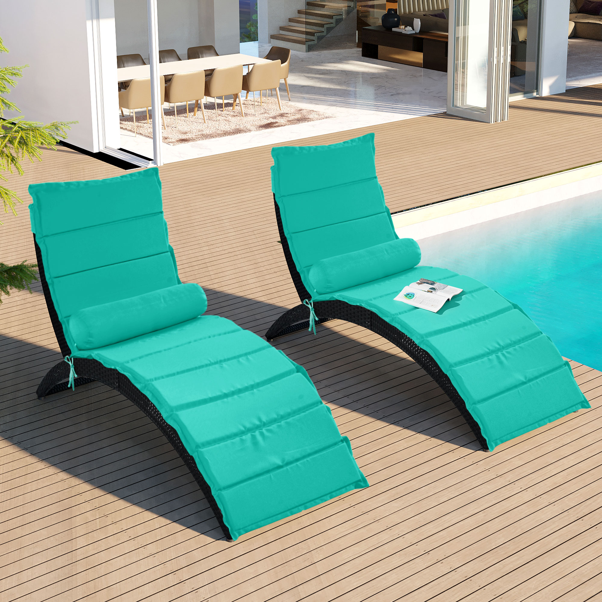 SYNGAR Chaise Lounge Chairs for Outside 2 Pieces, Patio Foldable Lounge Chairs Set of 2, Outdoor Rattan Wicker Pool Chaise Lounge Chairs Cushioned Poolside Chaise Lounge Set, Blue - image 3 of 10