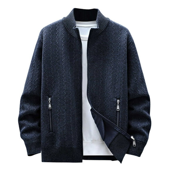 Men's Sweater Jackets Full Zip Hoodless Fall Winter Casual Knit Coat with Zipper Pockets Long Sleeve Outwear (XL, Dark Blue)