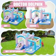Doctor Dolphin Bounce House with Slide for Backyard Dreamy Inflatable Bouncy Castle with Air Blower,Ball Pit,Basketball Hoop,Ring Toss Game,Dart Game,Punching Bag for Kids 3-12 Years