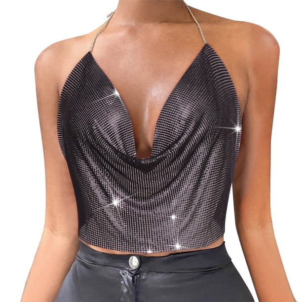 Top corto con borlas y cuentas en cadena para mujer - Camiseta sin mangas y sin espalda - Diseño vintage, mezcla de spandex - Tallas XS-L