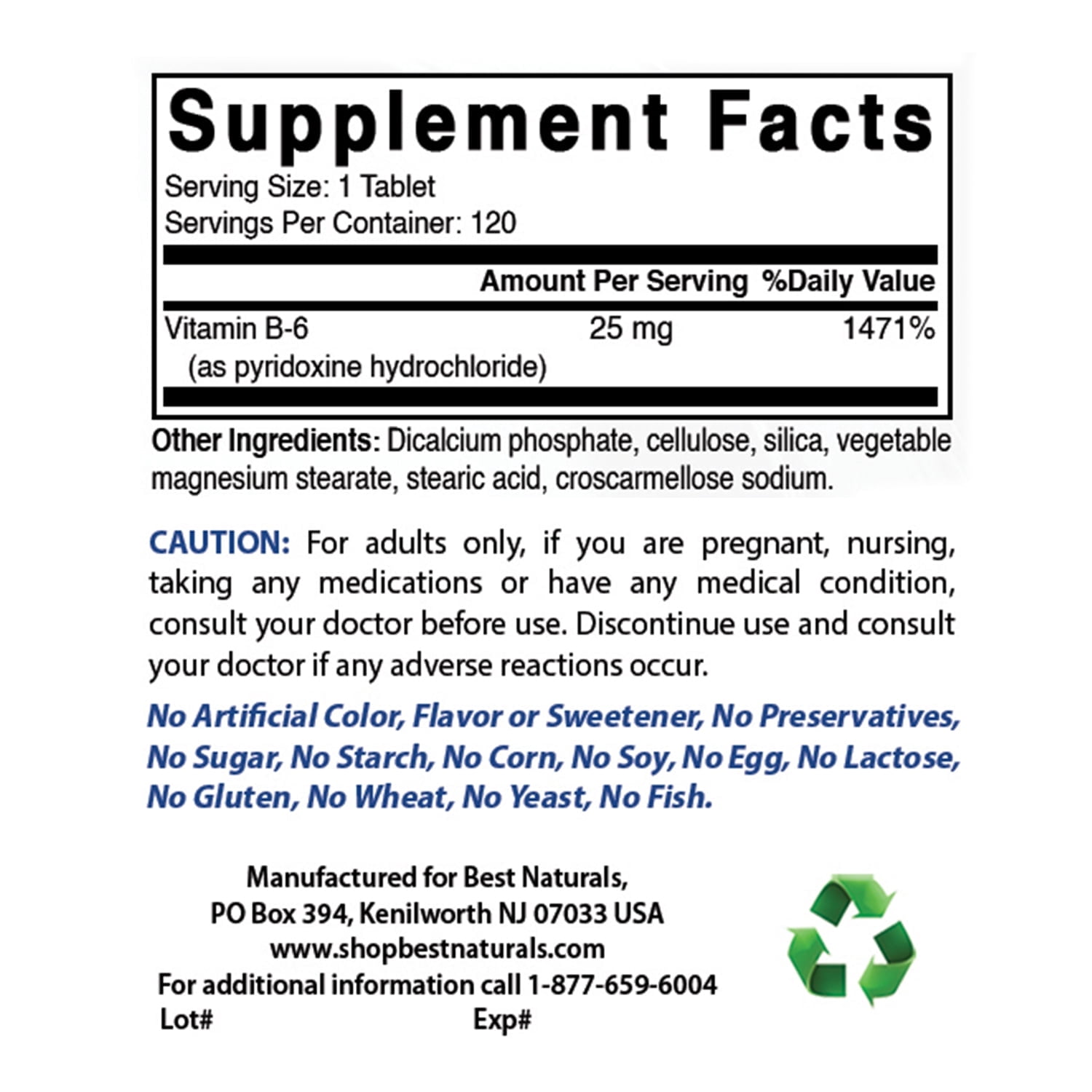 Best Naturals No Lactose, Vitamin B6, 25mg, 120 Tablet Count