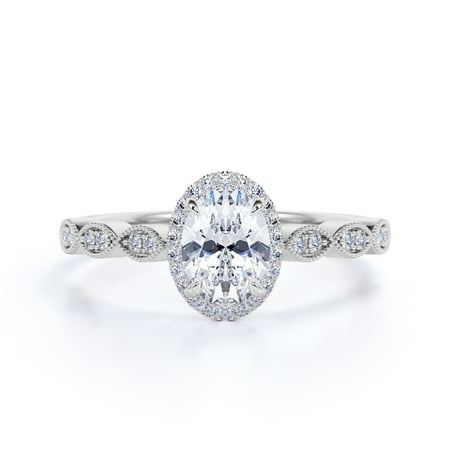 JeenMata 1.75 Carat Oval Cut Moissanite Engagement Ring - Bridal Set - Cluster Ring - Halo Ring - Floral Ring - 18k White Gold Over Silver