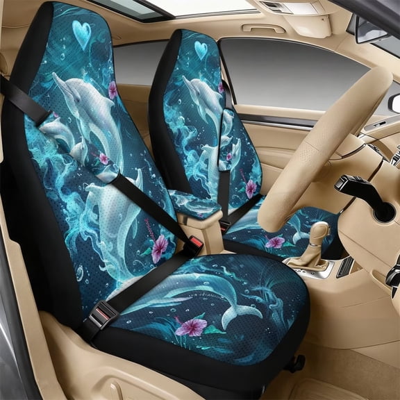 Xoenoiee Dolphin Hibiscus Print 5 PCS Automotive Seat Covers for Cars Trucks and SUVs, Car Seat Covers for Front Seats, Seat Belt Pads and Center Console Cover, Leather Auto Interior Covers