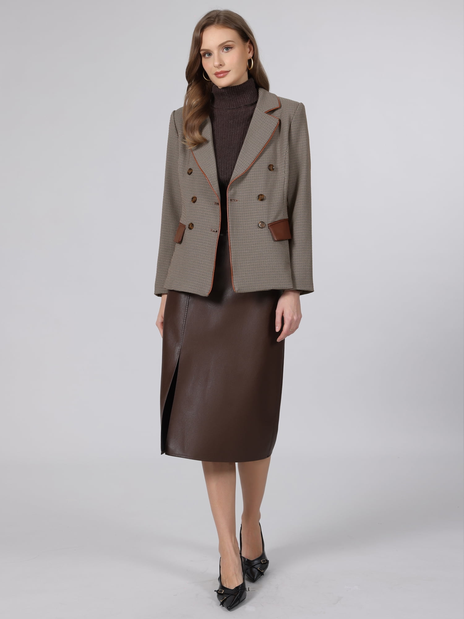 DARING DIVA Women's Plaid Blazer Houndstooth Double Breasted Jacket S Grey Brown