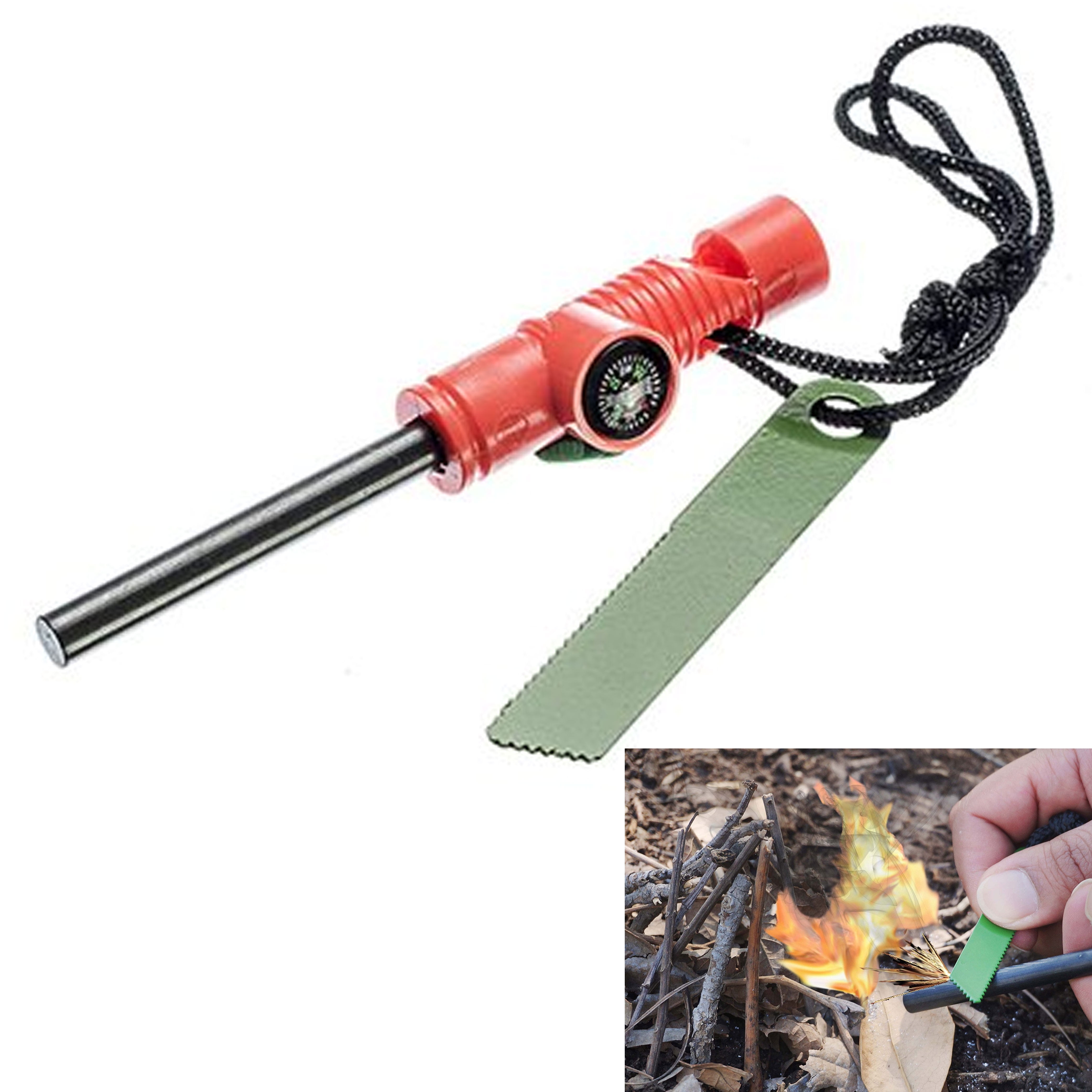 Fire Starter Whistle Flint Rod Striker Camping Hiking Hunting Boating