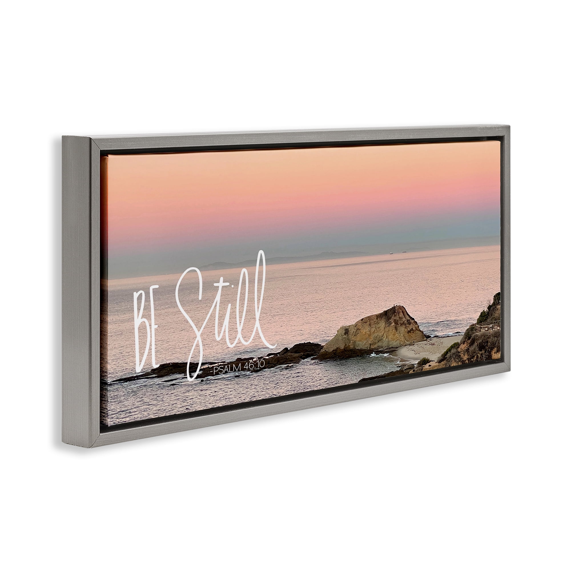 Stupell Industries Be Still Peaceful Beach Landscape Painting Gray Floater Framed Canvas Art Print Wall Art, 31 x 14