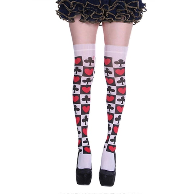 Halloween Women Thigh High Stockings Funny Poker Card Suit Plum Flower Heart Print Over Knee Long Socks Cosplay Costume,B