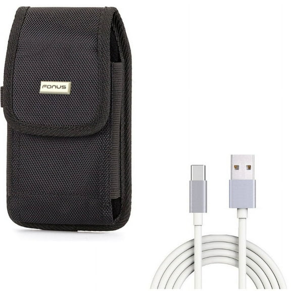 Rugged Durable Canvas Case Holster Metal Belt Clip w White 10ft Long Type-C Cable Rapid Charge USB Wire Sync Y7G for Coolpad Legacy - Google Pixel XL 3a XL 3 XL 2 XL - HTC Bolt, U11