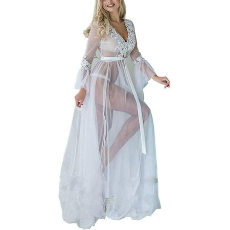 

Women V Neck Sexy See Through Night Robes Long Sleeves Lace Applique Plus Size Nightgowns Sleepwear