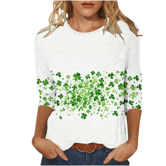 St Patrick's Day T Shirt for Womens Green Leaf Print Irish 3/4 Sleeve Loose Pullover Tops
