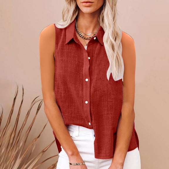 BLCHUNen Linen Shirts for Women Sleeveless Button down Side Slit Casual Lightweight Summer Beach Workout Tops