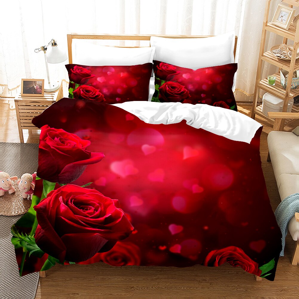 Red Rose Bedding Set King Size Quilt Cover Modern Romantic Flowers