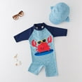 thumbnail image 2 of Boys Rash Guard Children's Crab Prints Swimsuit Long Sleeve Color Matching One Piece Swimsuit with Hat Baby Boy Swim Trunks Sky Blue 4 Years-5 Years, 2 of 7
