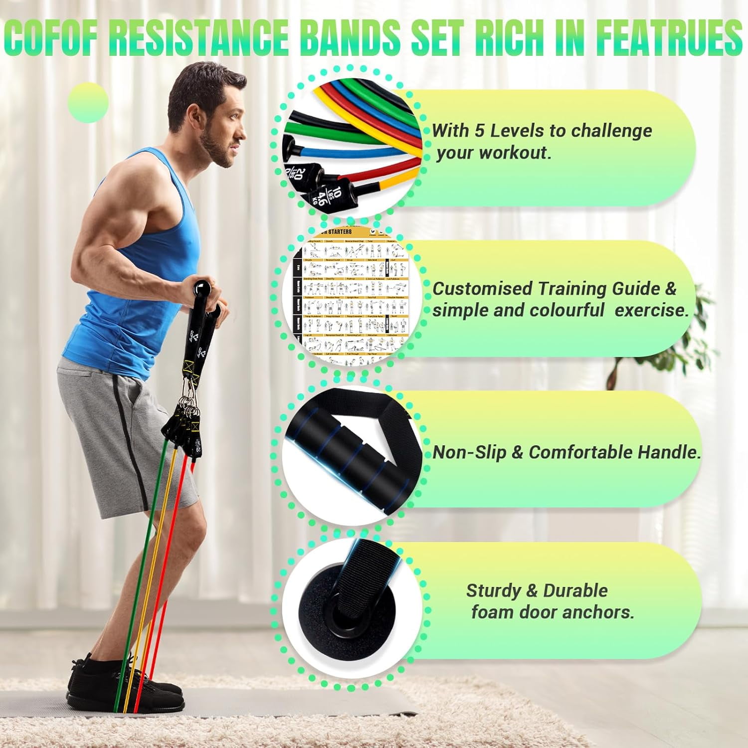 JJEAN-Resistance Bands Set with Yellow Handles, Exercise/Workout/Fitness Bands with Door Anchor, Legs Ankle Straps for Resistance TrainingPhysical TherapyHome Gym Workout