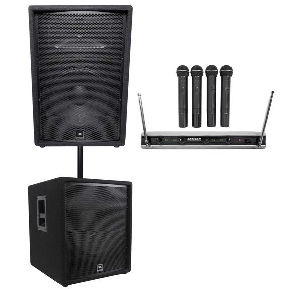 JBL JRX215 1000w 15" DJ P/A Speaker+18" 1400w Subwoofer+(4) Wireless Samson Mics