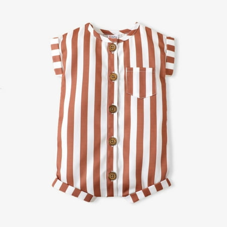 

PatPat Baby Boy s Cap Sleeve Jumpsuit Summer 100% Cotton Button Down Romper Infant Cute Strip Pocket Onsies 0-18Month