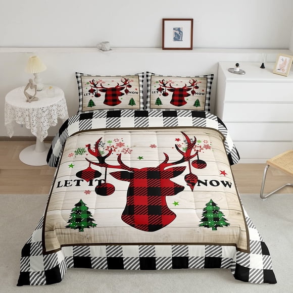 Homewish Ensemble de Couette à Carreaux de Noël Format Simple, Literie Rouge et Noire avec Renne pour Enfants, Ados et Adultes, Déco de Chambre à la Maison, Style Ferme Rustique, Couette Matelassée Vintage Flocon de Neige Pin, 1 Taie d'Oreiller