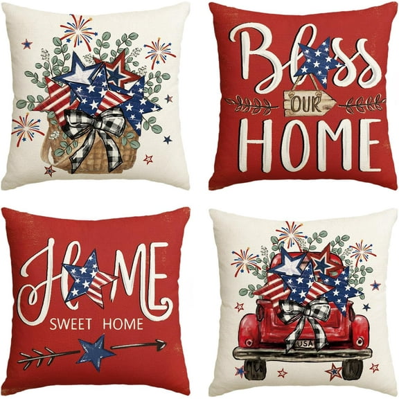 Bless Our Home Eucalyptus Stars Fireworks Car Throw Pillow Covers, 18 x 18 Inch 4th of July Patriotic Independence Memorial Day USA Flag Cushion Case for Sofa Couch Set of 4