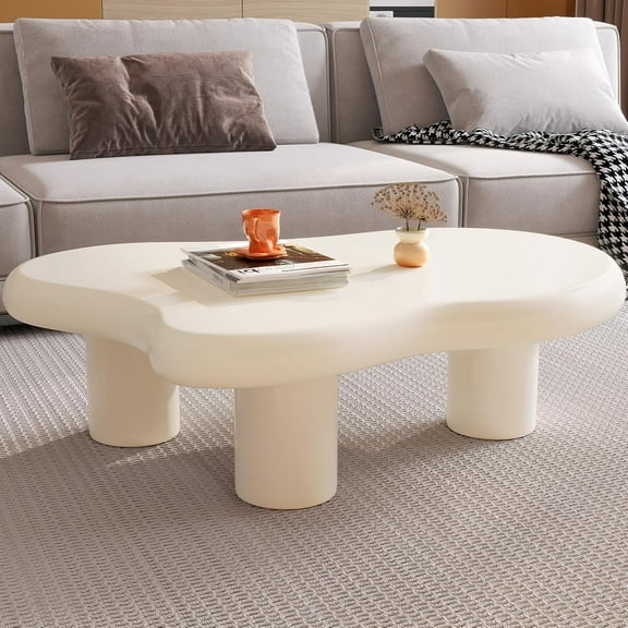 41.02" Cloud Shape Coffee Table, Modern Round Edge White Coffee Table with 3 Sturdy Support Legs and 3.14" Thick Tabletop for Living Room, Bedroom