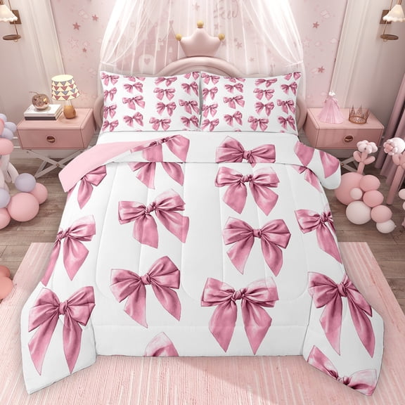 Homewish Kids Teenagers Cute Ribbon Bowtie Bedding Comforter Set 2pcs,Cartoon Bow Knot Twin Comforter Sets Microfiber,Dreamy Princess Bow Breathable Bedding Set,Lightweight Room Decor,Reversible
