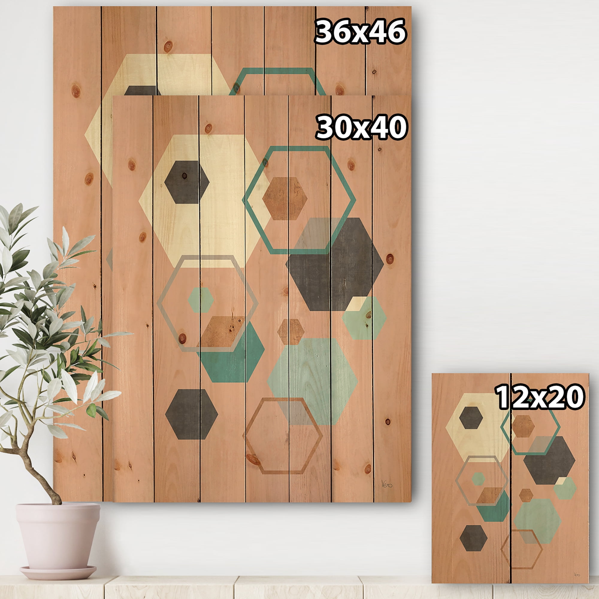 Designart 'Geometric hexagons Pattern II' Transitional Print on Natural Pine Wood