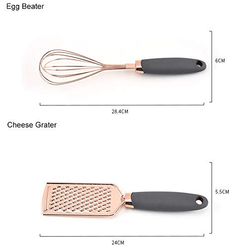 7-Piece Kitchen Gadgets Set Copper Coated Stainless Steel Utensils with Soft Touch Handles, Garlic Press Whisk Cheese Grater(Black)