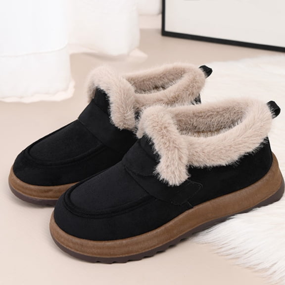 LIJCC Women's Winter Shoes Flat Insulated Fluffy Trendy Buckle Slip on Ankle Low Heel Cute Suede Work Office Snow Boots Warm Faux Fur Lined Ankle Booties Plush Slip On Outdoor Shoes