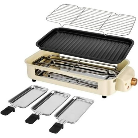 OVENTE 2-in-1 Electric Indoor Grill, 1500W Smokeless Korean BBQ Griddle with Non-Stick Removable Cooking Plate, 3 Raclette Cheese Pans, Adjustable Temperature Control, Dishwasher Safe, Beige BQR1502B