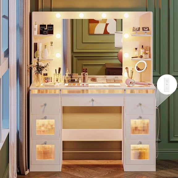DIYSET 43.3" Makeup Vanity with Lighted Mirror, Glass Top Vanity Desk with 7 Drawers & 4 Shelves, 3 Color LED Lights, Built-in Power Outlet, Vanity Mirror with Lights