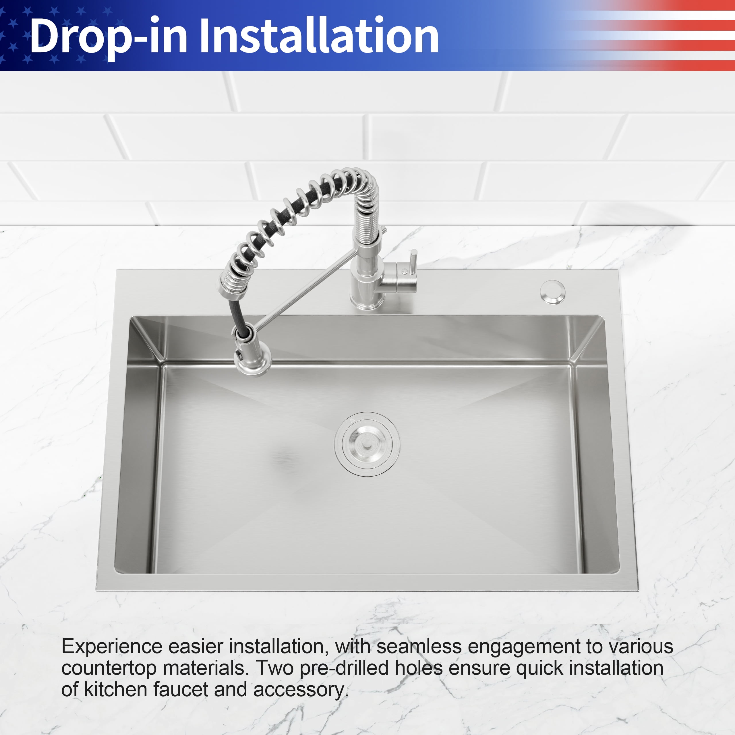 30-inx19-in Brushed Nickel Drop-In Kitchen Sink-Single Bowl 16 Gauge Stainless Steel Topmount Sink with US Drain And Hooks