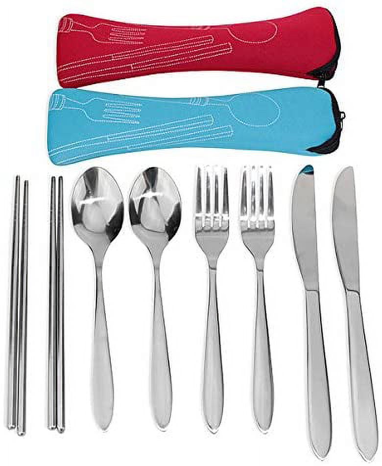 Set of 2 Stainless Steel(Knife, Fork, Spoon, Chopsticks)Lightweight Portable Tableware,Camping/Travel/Office Lunch Cutlery Set with Carrying Cases