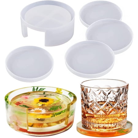 Lot De 5 Moules Silicone Ronde Pour Sous-Verres Résine Époxy + Support - Idéal DIY Cadeaux Maison