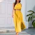 thumbnail image 4 of Drindf Dresses for Women 2023 Casual 2 Piece Solid Maxi Dress Summer One Shoulder Crop Top High Waisted Maxi Dress Trendy Split Skirt Set Boho Dress, 4 of 7