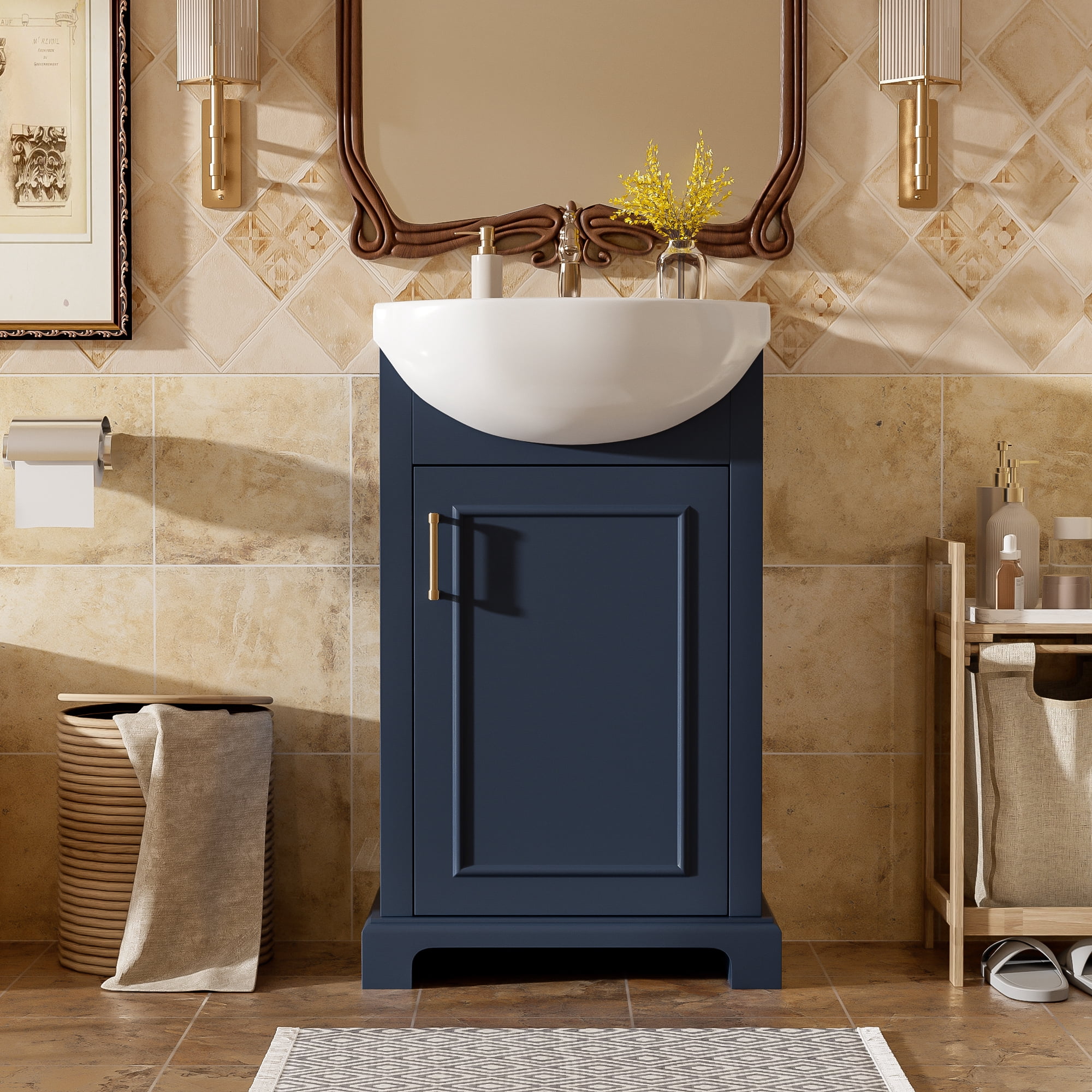20-inch Bathroom Vanity with Ceramic Sink, Freestanding Single Vanity Set with Soft Closing Door, Bulged Ceramic Basin, French Style, Blue