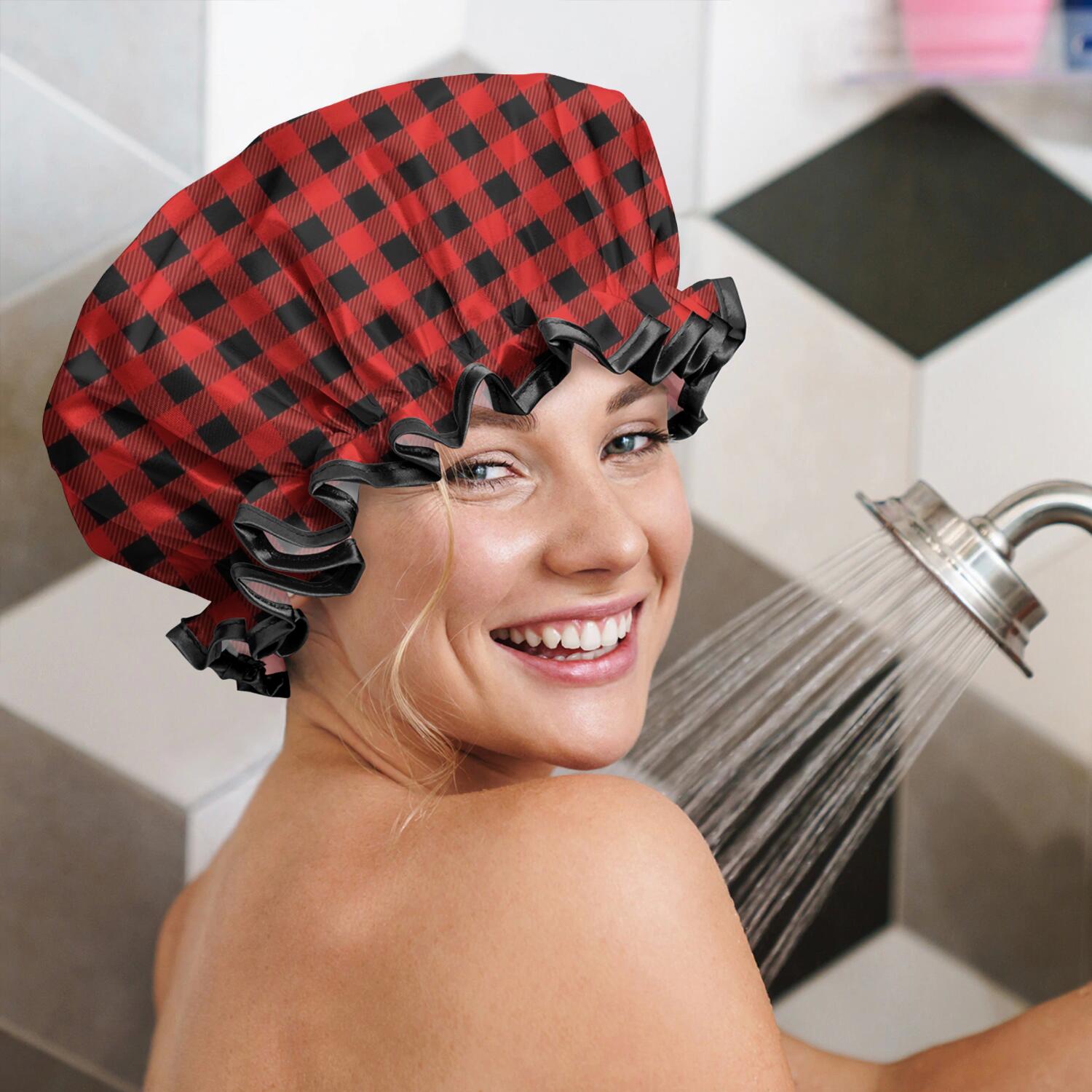 Shower Caps,Red Black Plaid Checkered Pattern Waterproof Shower Cap for Women 4 Pieces,Double Reusable Hair Cover for Shower PEVA Elastic Stretch Hem