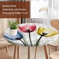 thumbnail image 3 of Spring Tulip Floral Round Tablecloth 45-54 Inch Round Fitted Table Cloth with Elastic Edge, Botanical Aesthetics Grey Grid Waterproof Table Cover Protector for Outdoor Picnic Party Dining, 3 of 6