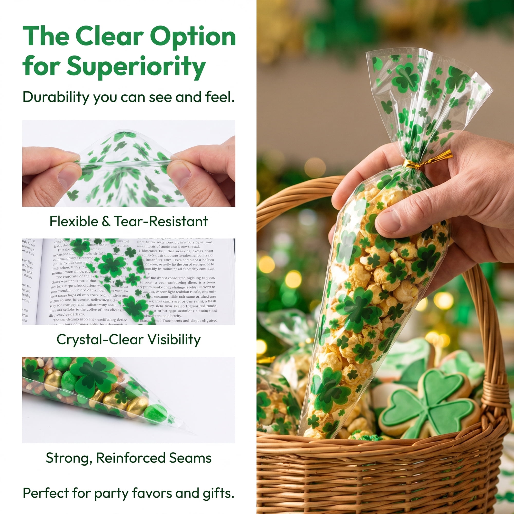 Unique Bargains 120Pcs Premium Shamrock Treat Gift Bag for Cookies Multicolor 5.1" x 9.8"