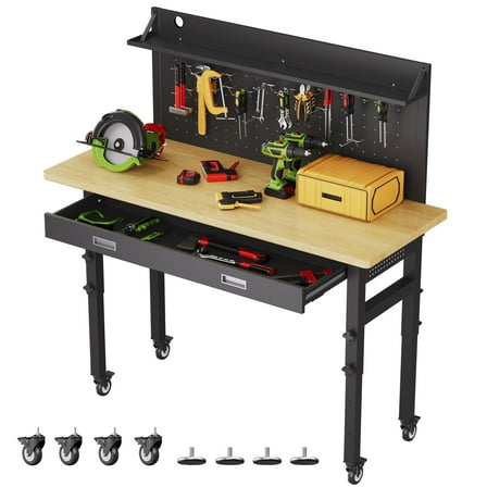Haverchair 60" Adjustable Workbench with Drawers, Work Benches for Garage with Pegboard, 2000 LBS Heavy Duty Rubber Wood Tabletop with Power Outlet, Rolling Work Table with Wheel for Workshop, Office